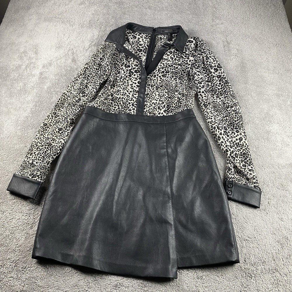BCBGMAXAZRIA Faux Leather Animal Print Shirt Dress Long Sleeve Womens Small